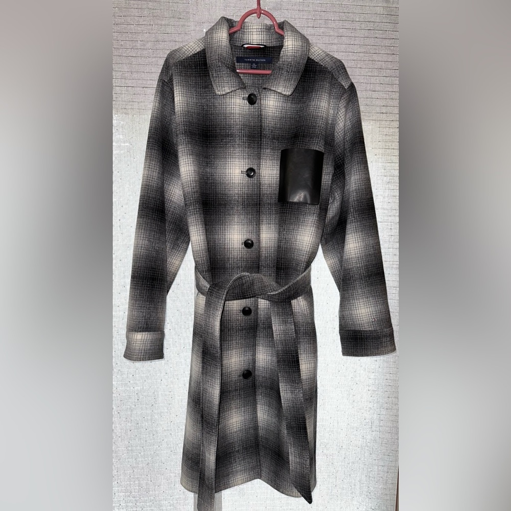 Tommy Hilfiger  Womens Wool Blend Coat Belted - XXL 2XL Black White Plaid *RARE*